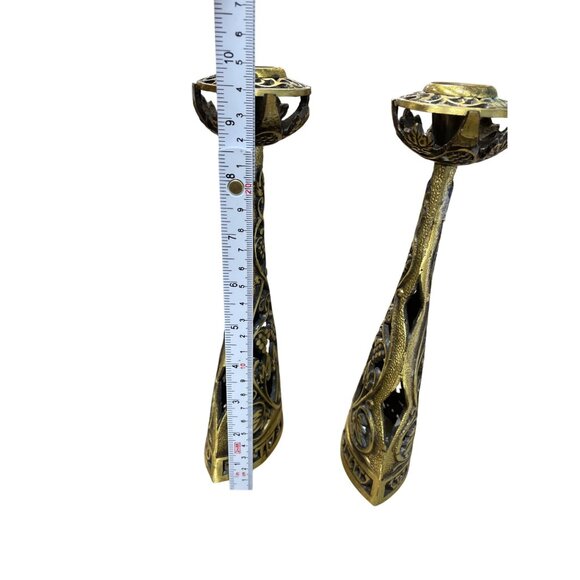 Vintage Brass Shabbat Hebrew Candlestick Sconces 9.5"H x 3.5"W SKU 9318 - Picture 7 of 12